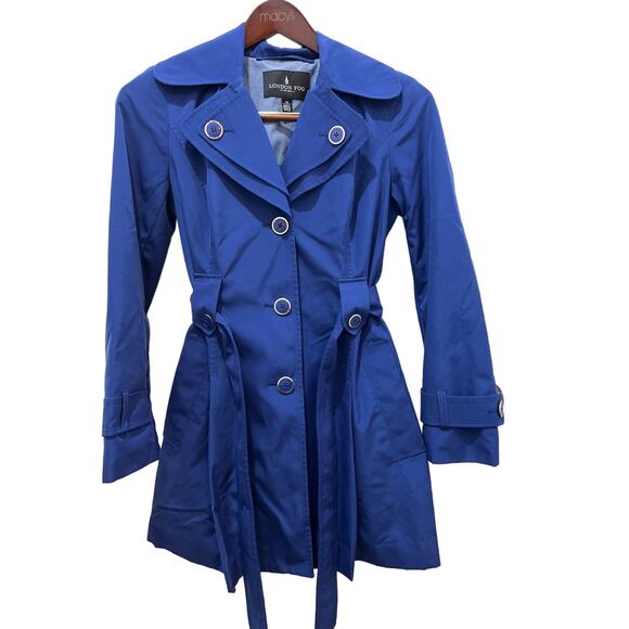 London Fog Woman’s Raincoat NWOT blue size XS belted button up removable hood - Picture 3 of 9